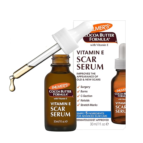 PALMER’S COCOA BUTTER FORMULA SCAR SERUM, SKIN BRIGHTENING OIL FOR FACE & BODY, CONCENTRATED SERUM WITH VITAMIN E, FRAGRANCE FREE, 1 FL OZ