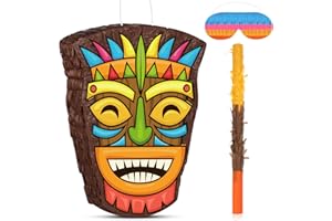 Threan Small Tiki Tropical Hawaii Piñata with Blindfold Bat Aloha Luau Piñata for Hawaiian Luau Themed Party Decoration Summer Birthday Party Supplies, 15.7 x 3.1 x 12.2 Inch