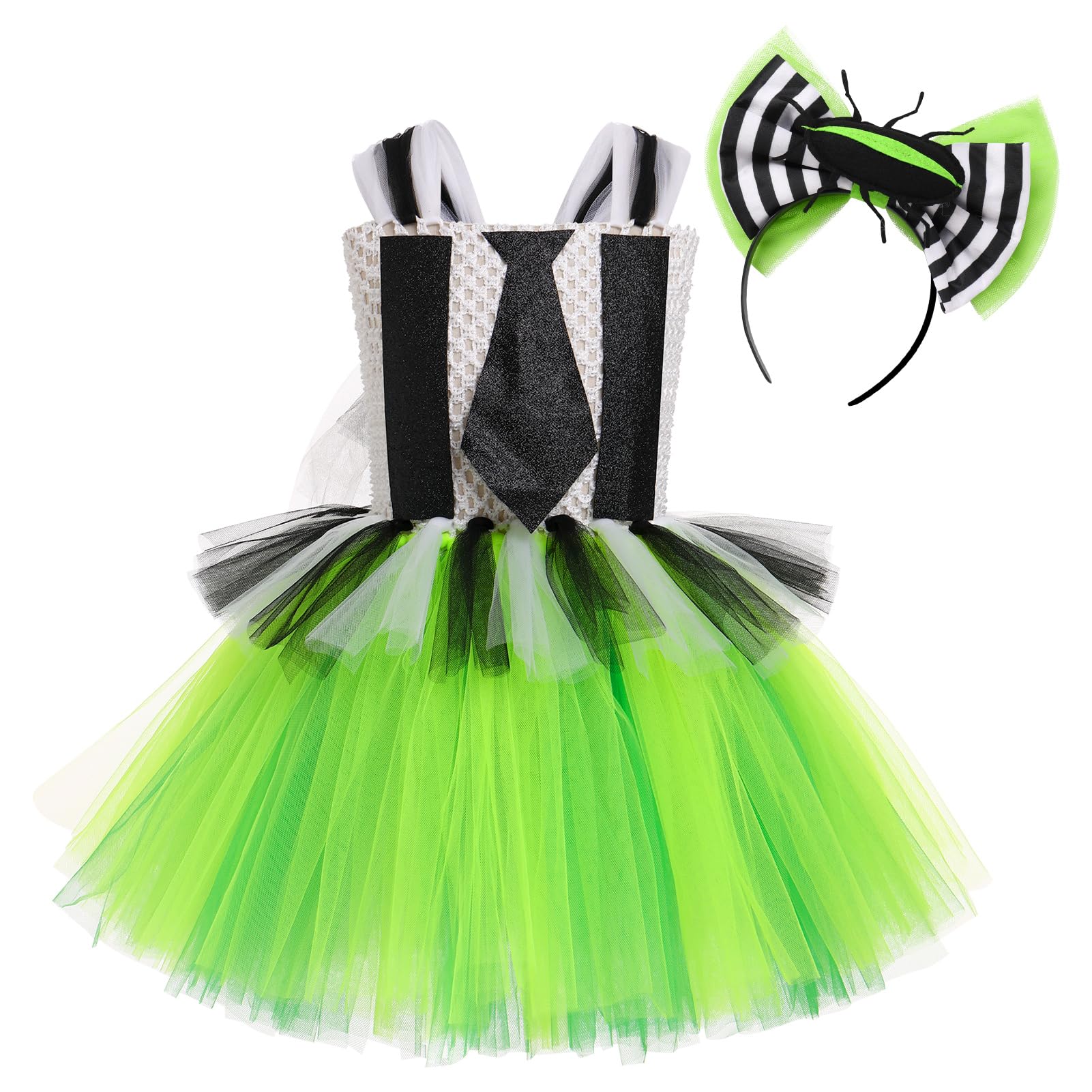 IDOPIP Kids Girl's Beetle Costume Playsuit Cosplay Black and White Striped Green Tulle Tutu Dress with Headband Carnival Party Fancy Dress Green 6-7Y