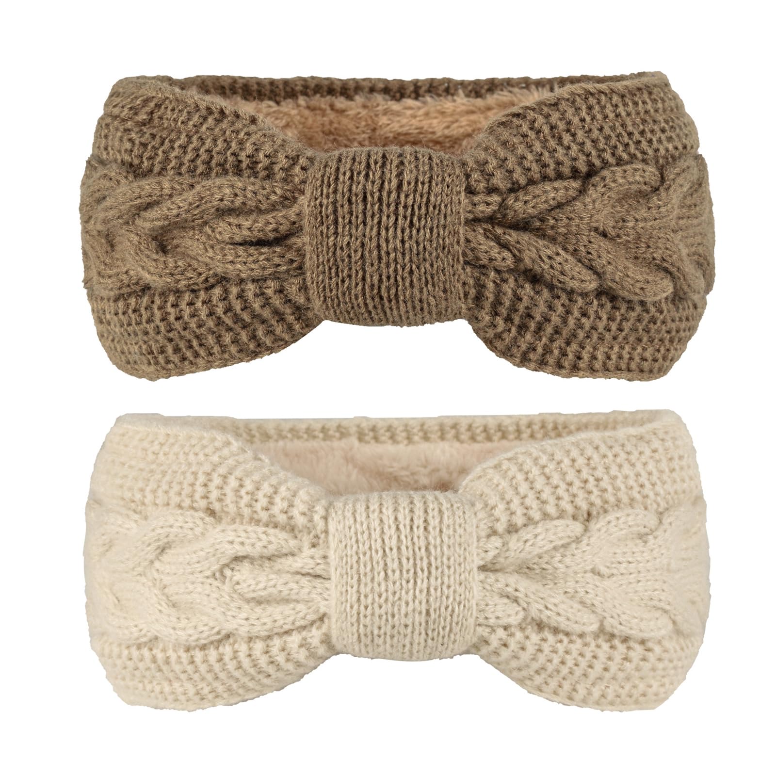 2PCS Women Fleece Lined Headbands Ear Warmers Knitted Thermal Hairband Elastic Winter Warm Cable Knit Hair Wrap (Khaki+Beige)