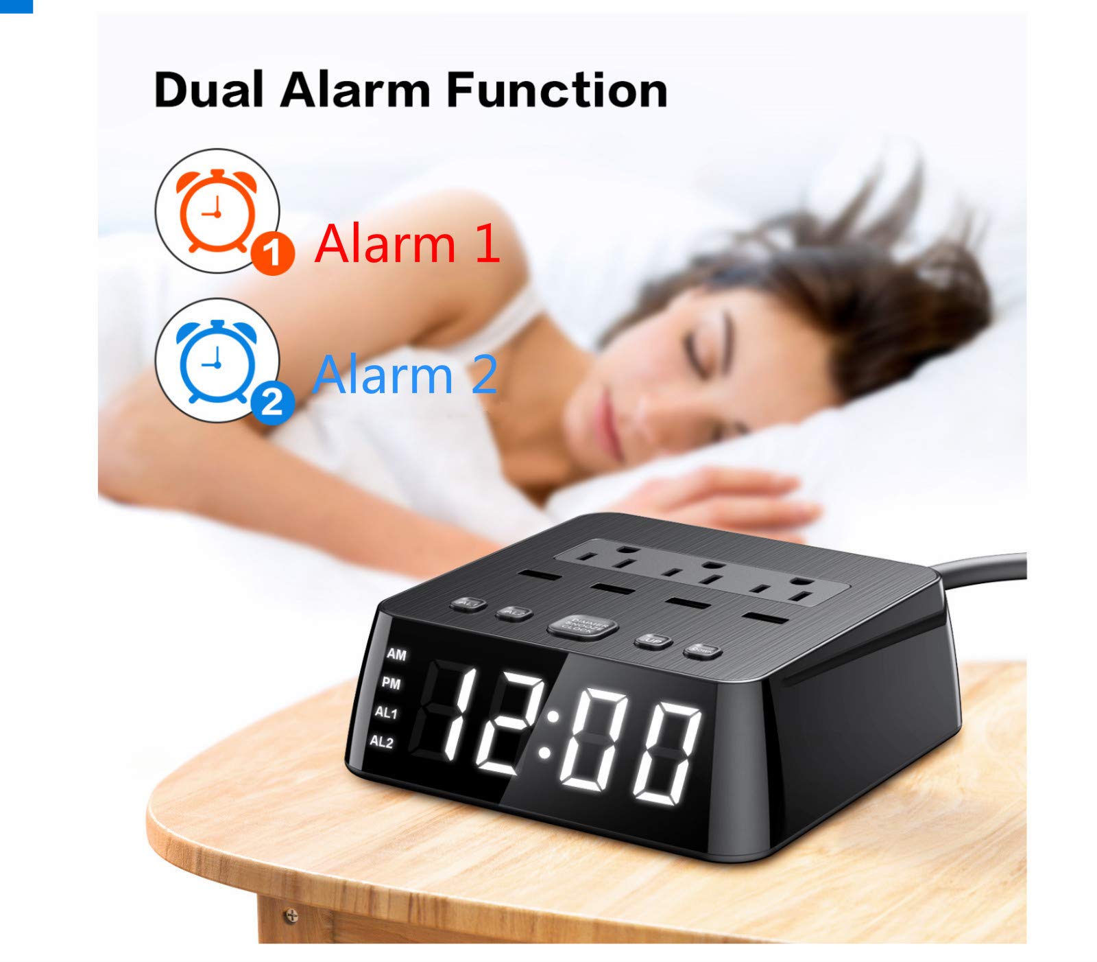 Yostyle Alarm Clock Charger w/4 USB Ports & 3 AC Outlets, 6ft Power Cord Charging Station Power Strip for Hotel Home,UL Tested (Dual Alarm,4 Dimmer Brightness,Snooze,ON/Off Switch,Battery Backup)