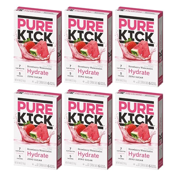 PURE KICK HYDRATION SINGLES TO GO DRINK MIX, STRAWBERRY WATERMELON, INCLUDES 6 BOXES WITH 6 PACKETS IN EACH BOX, 36 TOTAL PACKETS