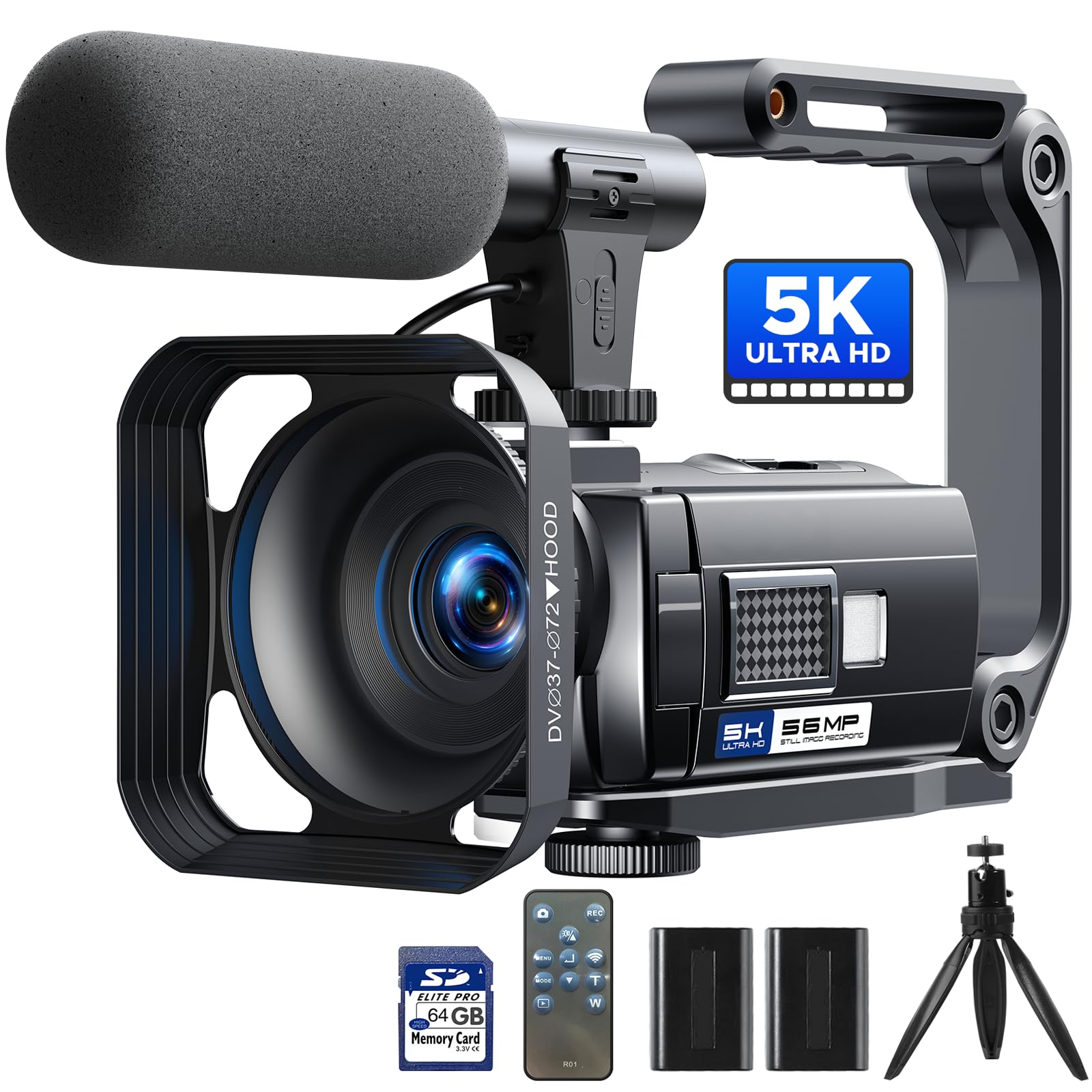 Photo 1 of Camcorder Video Camera, 5K 56MP Vlogging Camera YouTube WiFi Night Vision 3” 270° Rotatable Touchscreen Podcast Cameras Recorder with 64GB SD Card, Microphone, Stabilizer, Remote, Batteries, Tripod