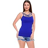 Women Sexy Criss Cross Front Spaghetti Strap Basic Round HollowOut Neck Seamless Camisole Tank Top