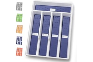 CherHome Silverware Organizer with Cutlery Icons，Silverware Tray for Kitchen Drawer，Plastic Flatware Tableware Silverware Drawer Organizer Utensil Organizer with Non-slip TPR Linings，5-Compartment