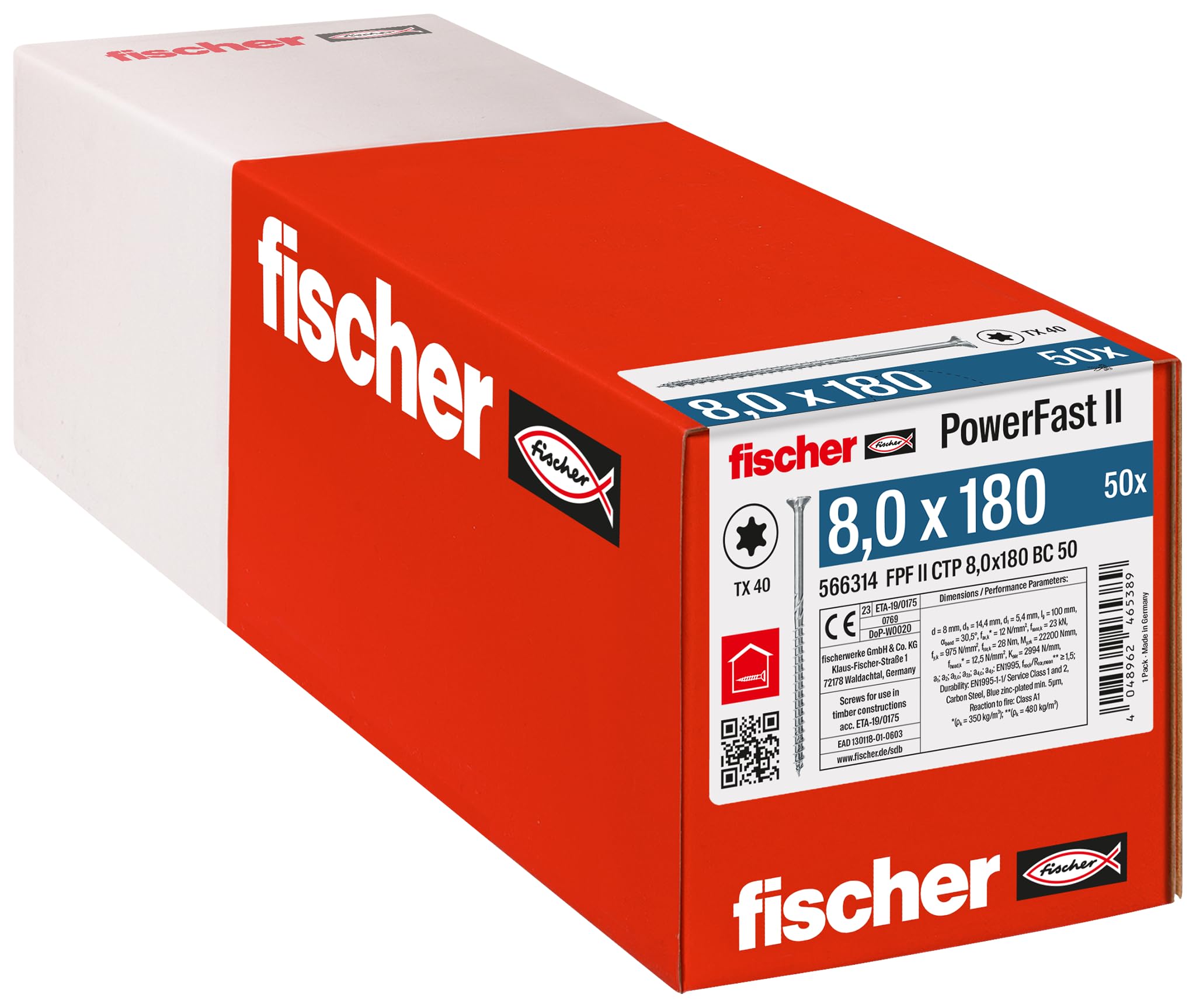 fischer PowerFast II CTP 8.0 x 180, Powerful Countersunk Wood Screws with Internal Star Socket and Partial Thread, for Constructive Wood Construction, Pack of 50