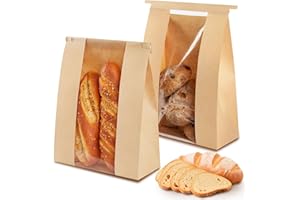 Ohuimrt 100 PCS Large Paper Bread Bags, 13.7 x 8.2 x 3.5 Inches Bakery Bags with Window, Homemade Bread Loaf Bags with Tin Tie Tab Lock and Seal Stickers