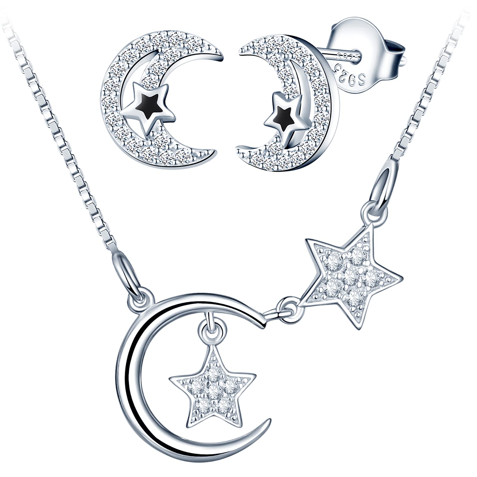 Yumilok Jewellery Sets Gifts for Women Star and Moon Necklace and Earrings Sets 925 Sterling Silver Anniversary Birthday Jewelry Gifts for Her Wife Girlfriend