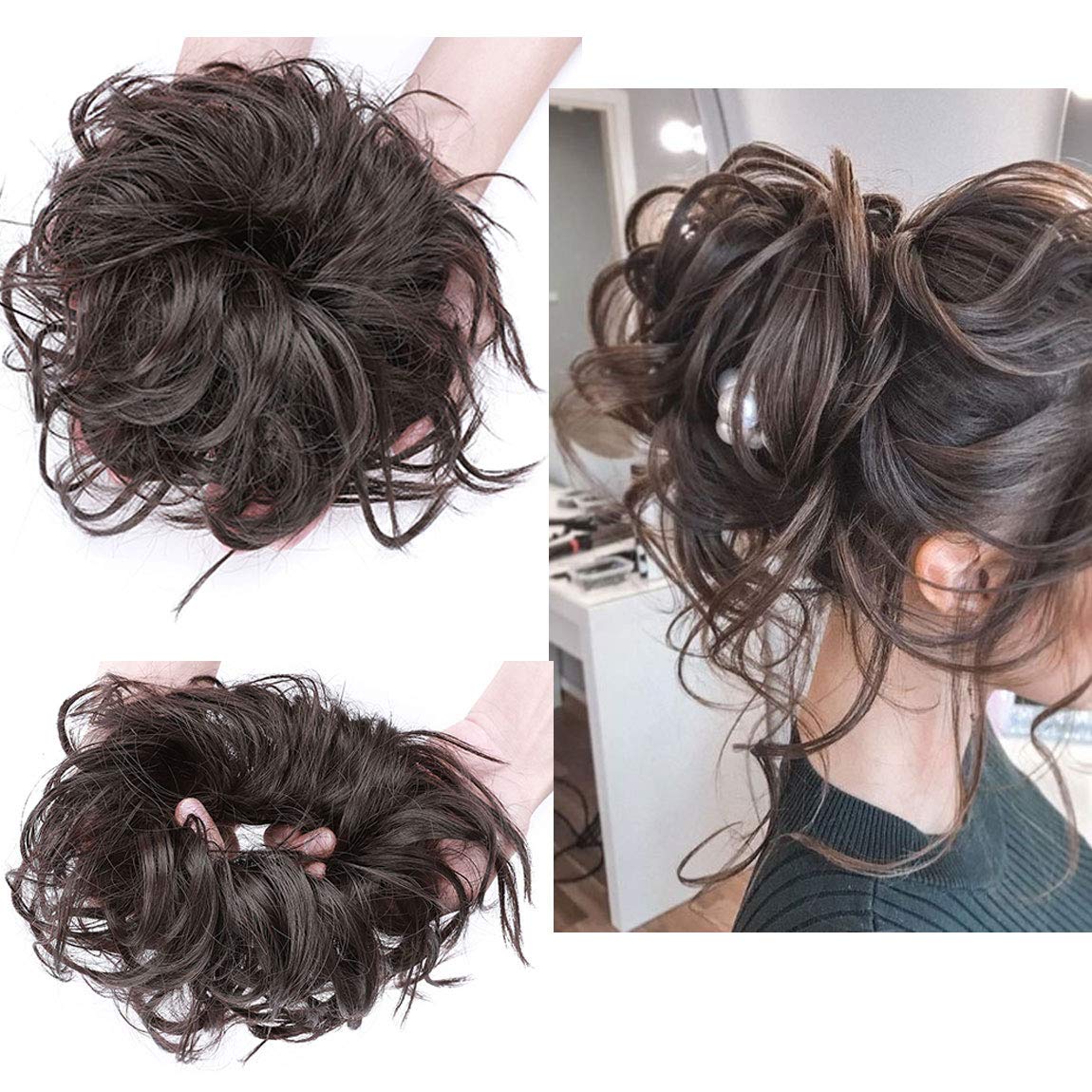 Tousled Updo Hair Pieces Messy Bun Hair Scrunchies Extensions Hair Piece Ponytail With Elastic Rubber Hair Extensions for Women Dark Brown