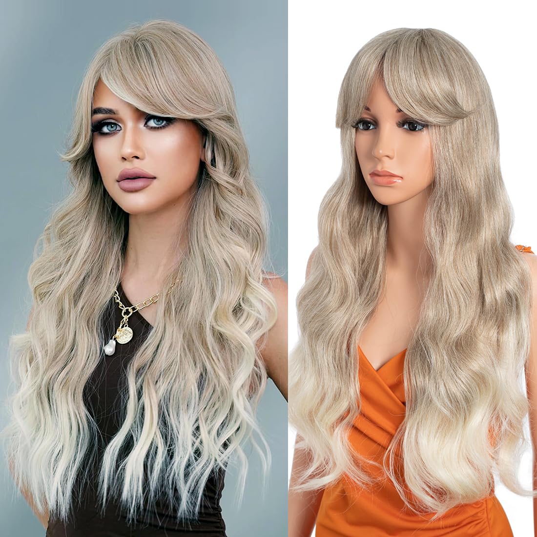 26 Inch Long Wavy Wigs for Women Black Wig with Bangs Ombre Brown Wig with Dark Roots Long Layered Wig Heat Resistant Synthetic Wig Natural Looking Wigs for Daily Party Use(T-LINEN(62) — image 1