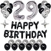 NANINUNENO 29th Black Silver Birthday Party Decorations for Men Women, Happy 29 Birthday Party Supplies with Black Happy Birthday Banner, Silver Foil Stars, Happy Birthday Balloons for 29th Birthday