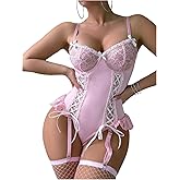 SHENHE Women's 3 Piece Floral Lace Bow Knot Bodysuit Lingerie Babydoll Set with Fishnet Stockings