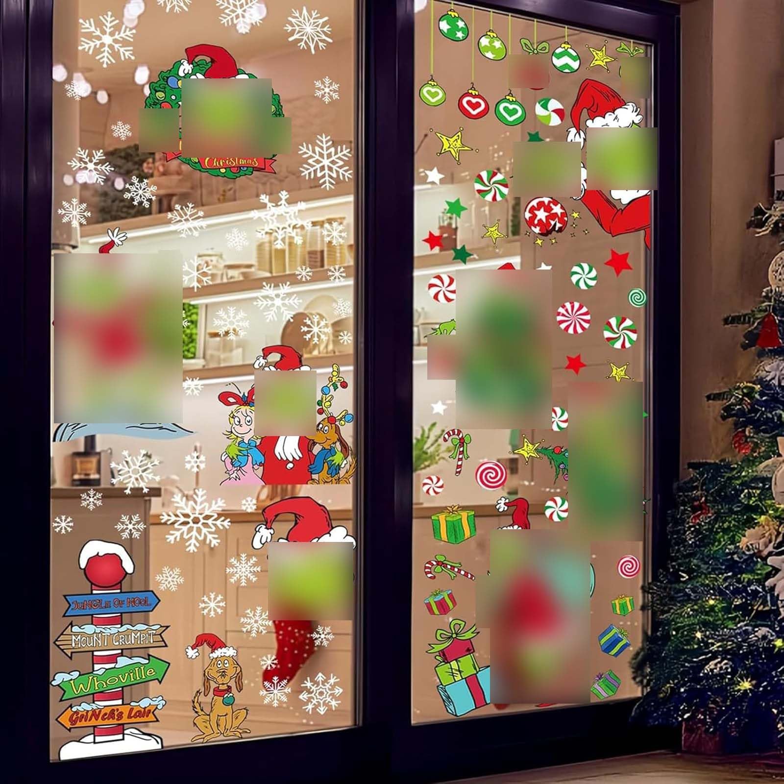 9 Sheets Xmas Window Stickers,Vibrant red and Green Cute Colorful Window Stickers Large Xmas Decorations Scene, Scene for Home Schools Offices Decoration
