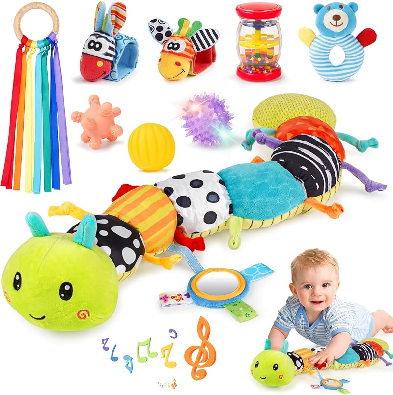 Joyreal Baby Toys 0-6 Months 10Pcs Sensory Set Rattles Caterpillar Music