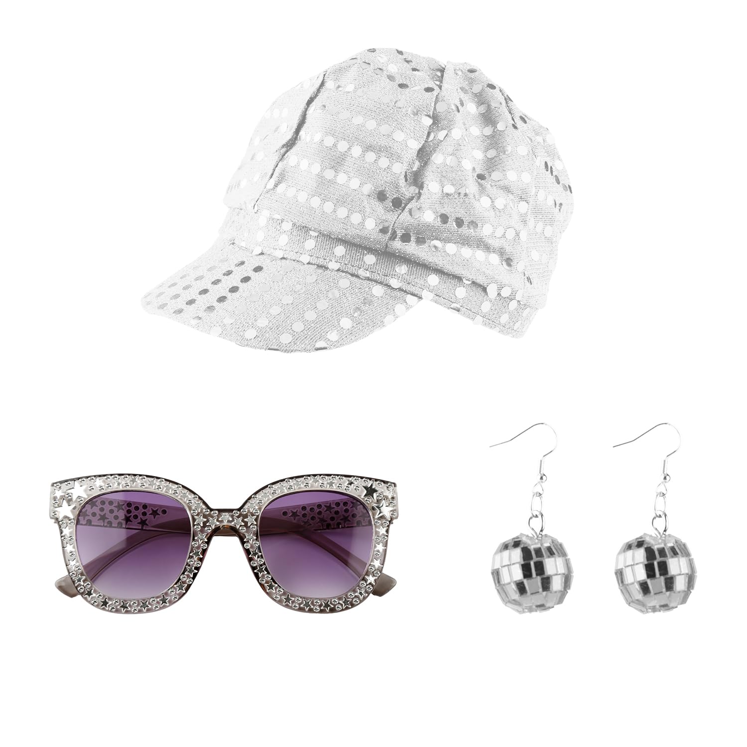 Lotsdonxia Sequin Hat, Glasses & Earrings 3 Piece Set Eco-friendly Material 80's Disco Performance Costume Props Suitable for Birthday Party, Theme Show（B）