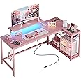 Bestier L Shaped Gaming Desk with Power Outlets,58 LED Small Corner Desk with Reversible Storage Shelves,Pink Computer Desk with Headset Hooks Desk for Living Room and Dormitory