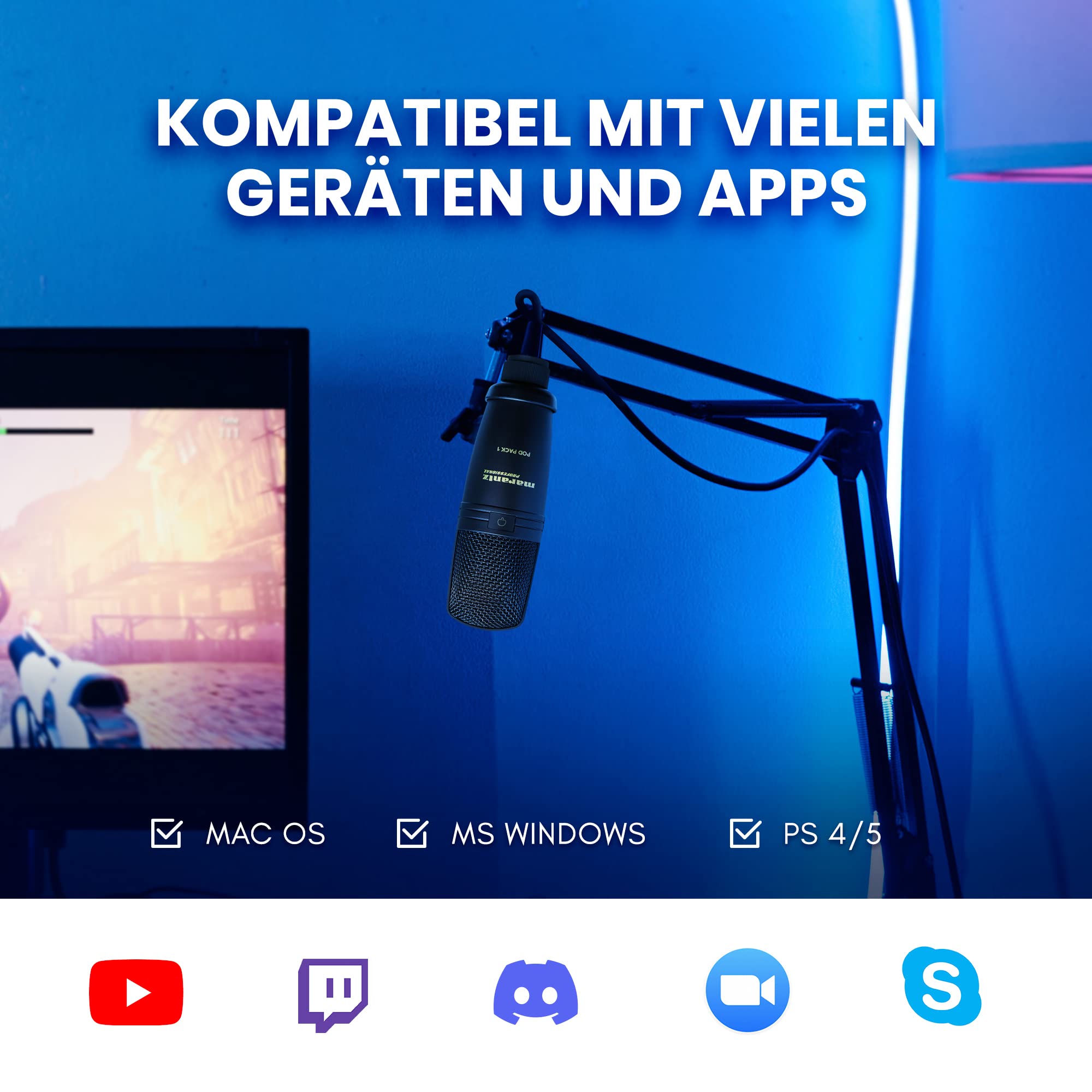 Marantz Professional Pod Pack 1 - USB Kondensator Mikrofon Kit für Gaming, Streaming und Podcasting mit integriertem Audio Interface, verstellbarem Mikrofonarm, Tischklemme, Plug-und-Play 6