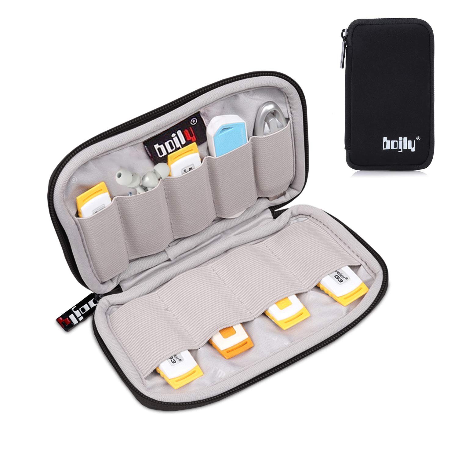 BOJLY Memory Card Storage Bag, Nylon Waterproof Padded Protective Case with 9 Capacities for USB Key, Earphone Cable and External Hard Drive, Black