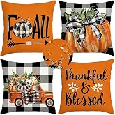 RABUSOFA Fall Outdoor Pillow Covers 18x18 Set of 4 Waterproof Pumpkin Decor | Thanksgiving Decorative Cushion Case,Thankful Blessed,Buffalo Plaid Truck,Not Insert,Machine Washable,Perfect for Couch Patio