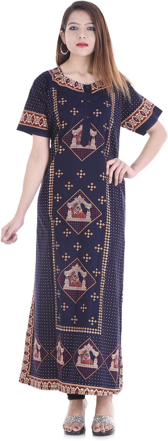 Womens Nighty Nightwear Gown Cotton Maxi Dress Sleepwear Nightgown Bikini Cover Beachwear Blue