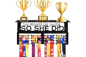 A ANSLCA Medal Hanger Display & Trophy Holder - ANSLCA 15.8 x 7'' Medal Holder and Trophy Display Hanger Rack Frame Easy to Install Wall Mount for Boys & Girls Displaying Over 70 Medals and 4 Trophies
