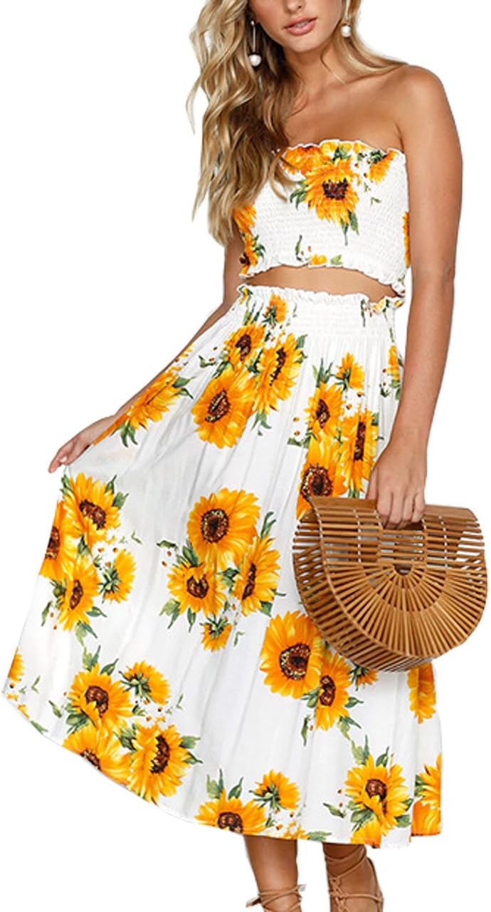 Laenusa Women’s Strapless Flowy Maxi Skirt Set Floral Crop Top 2 Piece Outfit Dress
