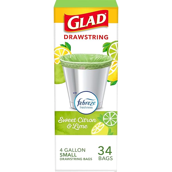 GLAD SMALL KITCHEN DRAWSTRING TRASH BAGS, 4 GALLON, FEBREZE SWEET CITRON & LIME, 34 COUNT