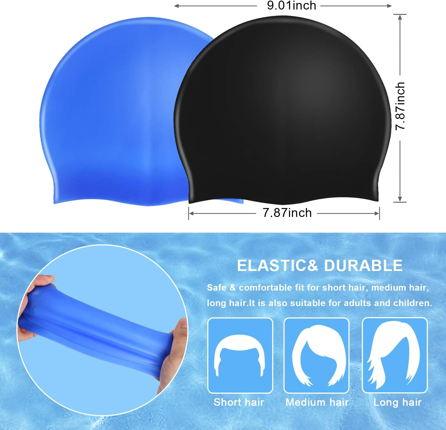DECYOOL 2 Pack Silicone Swim Caps, Waterproof Unisex Premium Silicone No-Slip Swimming Hat : Sports & Outdoors