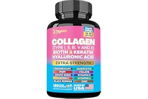 ZOYAVA Collagen Pills Peptides Types I, II, III, V & X 64,000 MCG Biotin Keratin Hyaluronic Acid MSM Vitamin A Vitamin C Vitamin E Folic Acid Zinc Magnesium with Grape Seed Extract, Quercetin (180 Caps)