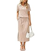 Glamaker Womens Skirt Sets 2 Piece Outfits 2025 Summer Casual Striped Short Sleeve Skirt And Top Set Travel Clothes