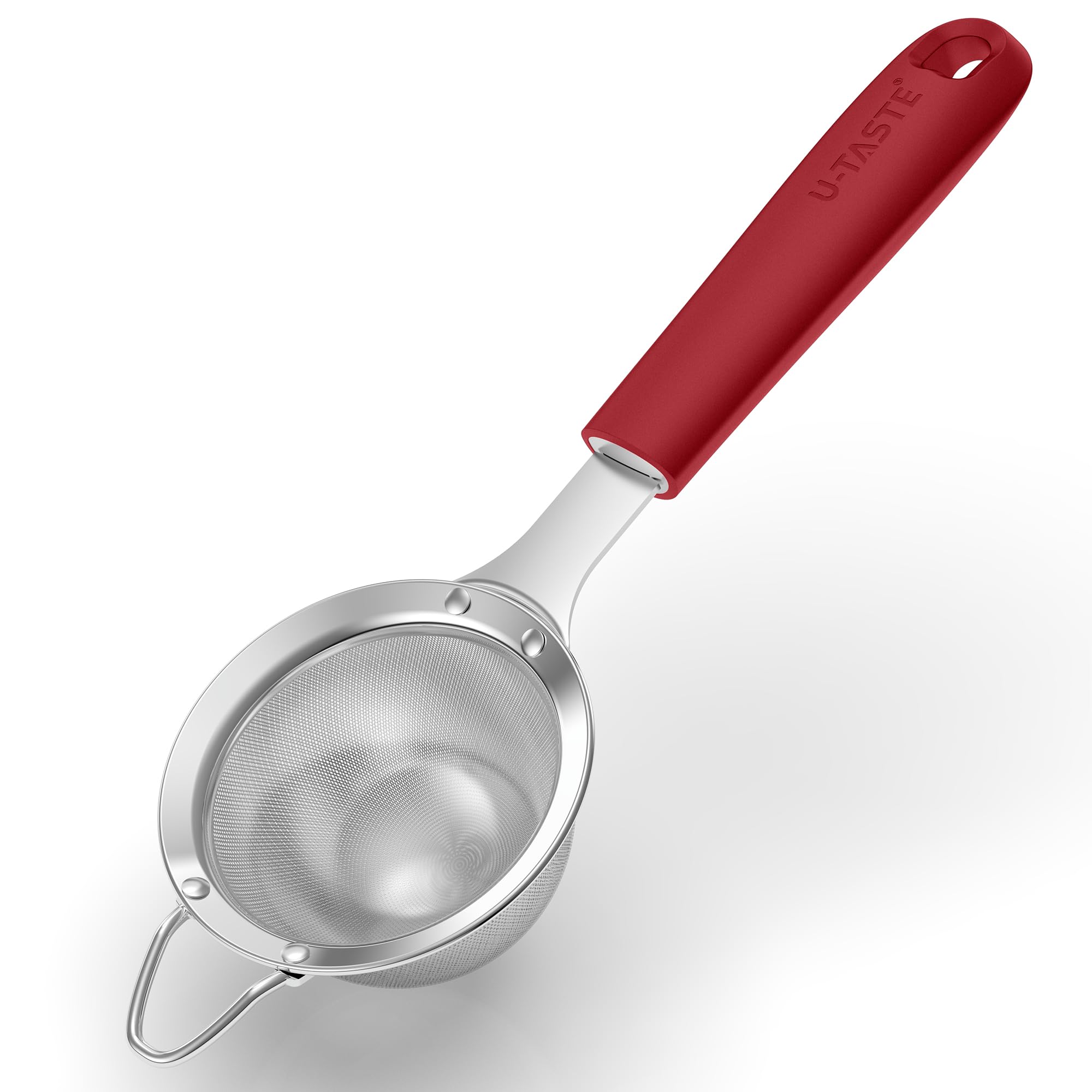 U-Taste Small Fine Mesh Sieve: 18/8 Stainless Steel 8.5cm Kitchen Sieve and Strainer with Riveted Sturdy Silicone Handle, Great for Sifting Flour, Straining Tea, Rice, Quinoa (Red)