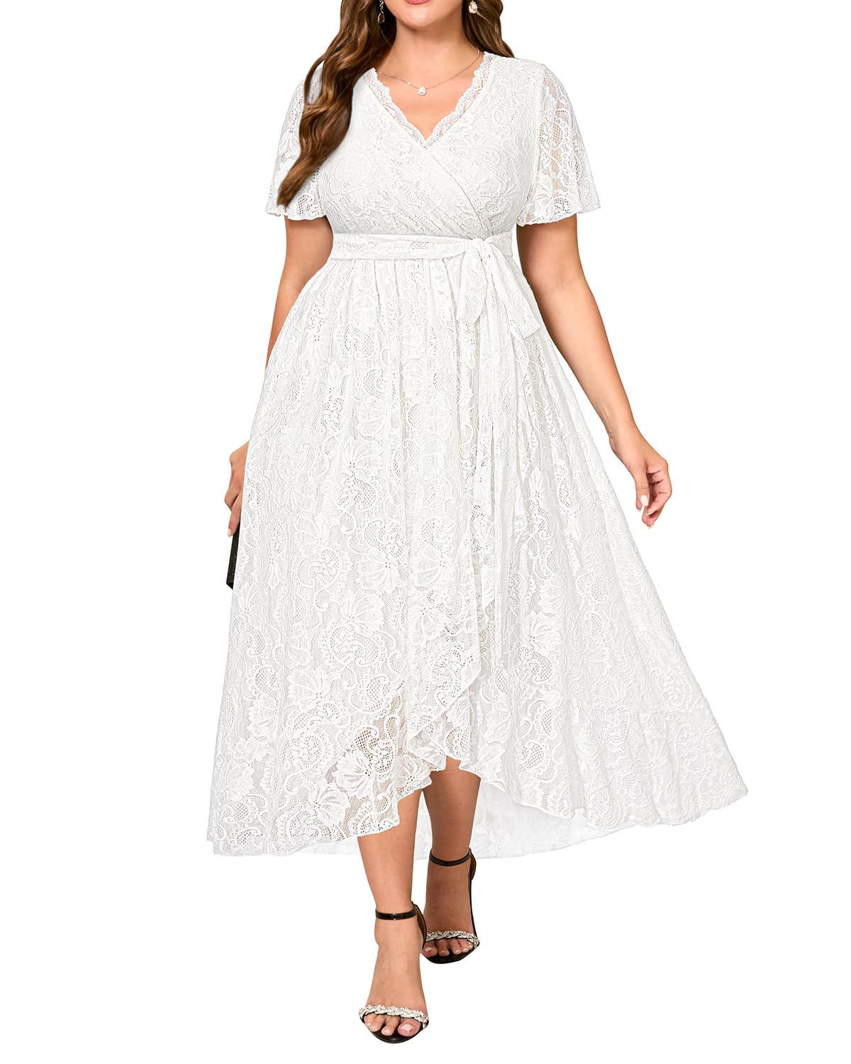 Photo 1 of Women's Plus Size White Dress Simple Wedding Lace Semi Formal Engagement Bride High Low Wrap V Neck Dresses size 24w