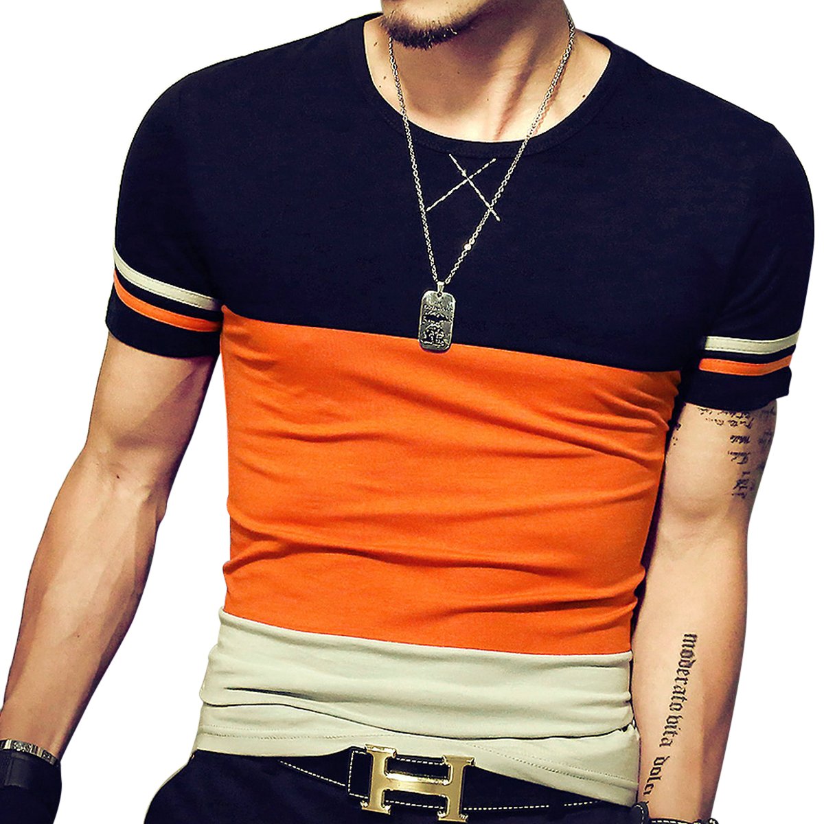 LOGEEYARMens Slim Fitted Short/Long-Sleeve Tee Shirts Cotton Contrast Color Stitching T-Shirt Fashion Top