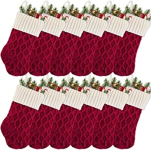Meriwoods Mini Christmas Stockings, 12 Pack 9 Inch Cable Knit Xmas Holiday Home Decorations, Small Gift Bags for Family Kids, Burgundy & Cream