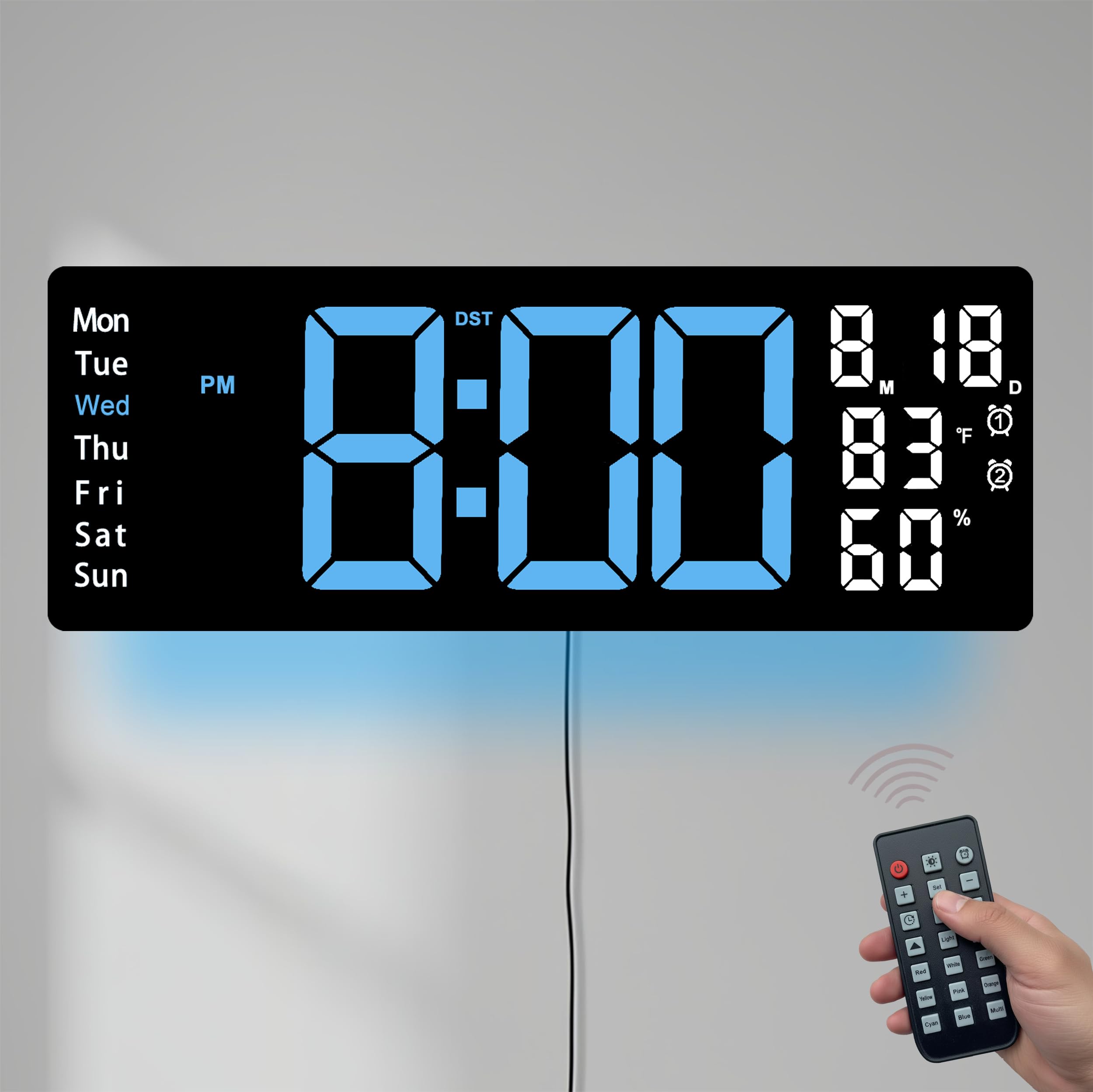 Photo 1 of 17.5 Inch Blue LED Digital Wall Clock with 8 Ambient Light Colors?Displays Time,Date,Day,Temperature&Humidity,Dual Alarms,Countdown&Stopwatch,DST,10-Level Auto/Manual Brightness?Modern Silent Clock
