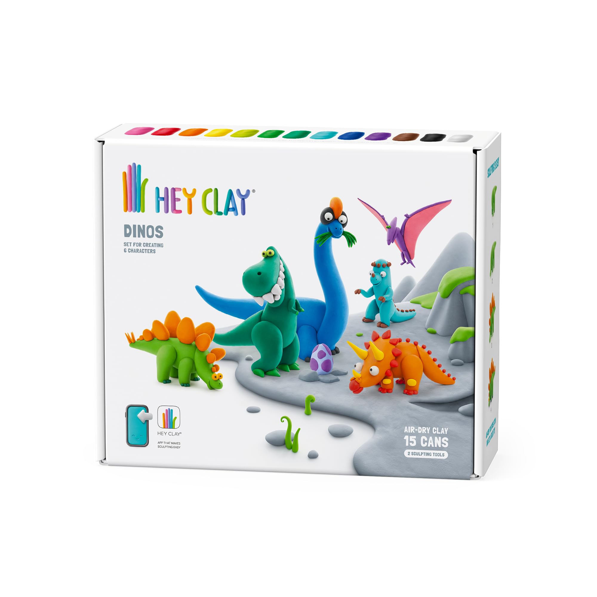HEY CLAY Dinos Set - Colourful Modeling Kids - Air Dry Clay Kit 15 cans and Sculpting Tools with Fun Interactive Instructions App