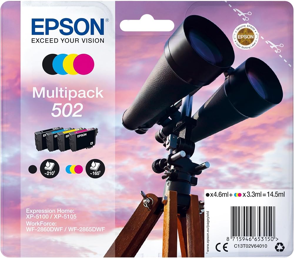 Epson 502 Multipack Ink Cartridges 4 Colour Black Cyan Magenta Yellow