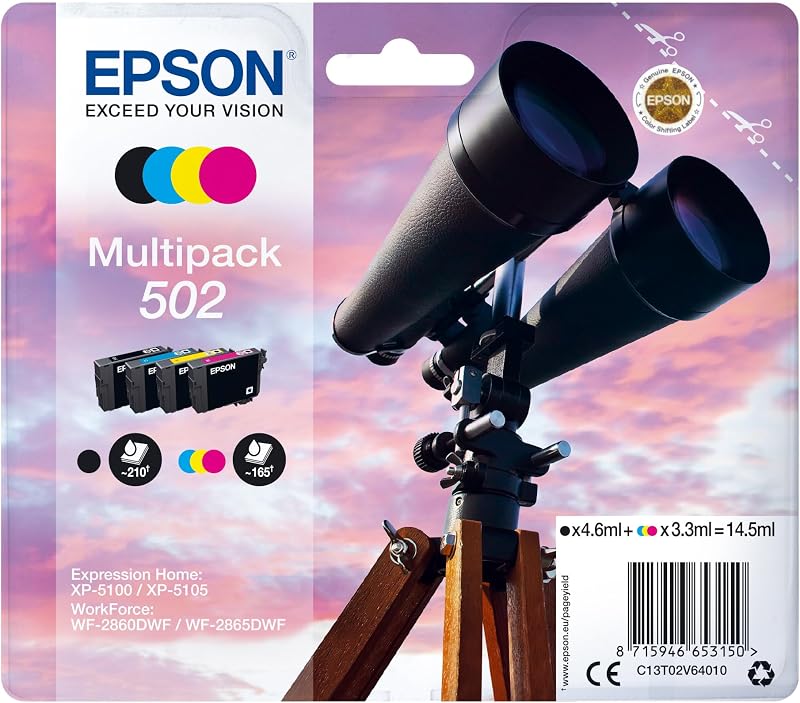 Epson 502 Multipack Ink Cartridges 4 Colour Black Cyan Magenta Yellow