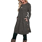 OFEEFAN Fall and Winter Tunic Dress with Pockets Long Sleeve Crew Neck Buttons Side