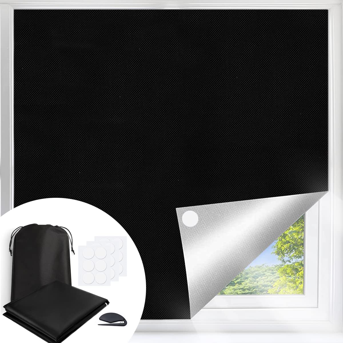 100% Blackout Blind, 145 X 250CM Portable Blackout Blind with 30X Nano Tape,Stick on Blackout Blinds for Windows Fits Any Size Shape, Temporary Blackout Curtains for Bedroom Nursery Loft Travel RV Car