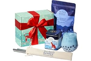 Herbs & Kettles Blue Chai Boba Kit | Butterfly Pea Flower Chai with Ginger, Cardamom, Cloves & Cinnamon + Chewy Tapioca Pearls | Complete DIY Caffeine-Free Bubble Tea Kit with Reusable Straws |