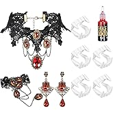 Hicarer 9 Pcs Halloween Vampire Costume Accessories Choker Bracelet Earrings Vampire Fangs Fake Blood Gothic Jewelry Set for Halloween Cosplay