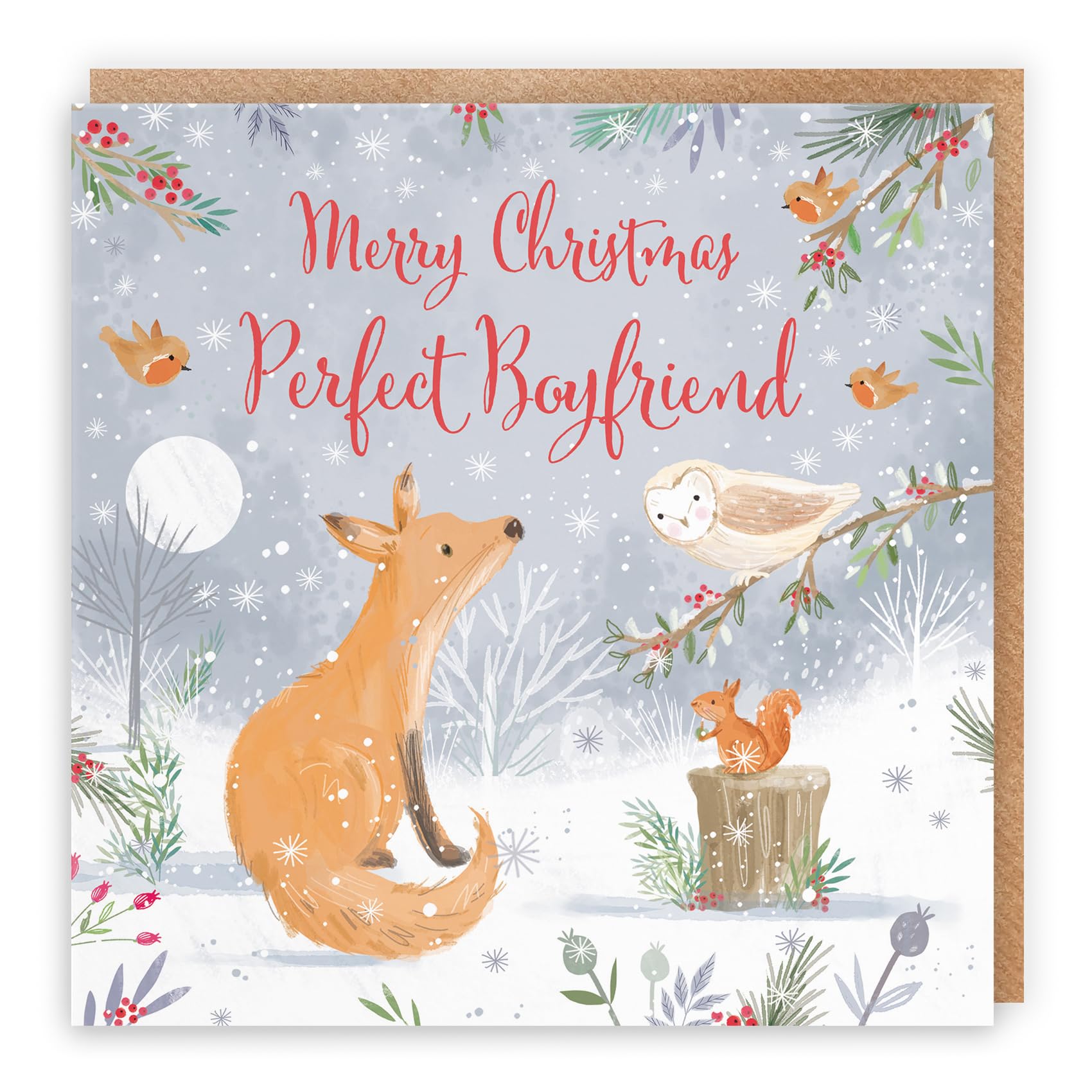Hunts England - Boyfriend Cute Fox Christmas Card - Nature's Treasures - For Him, Male - Happy Animal Wildlife Cute Fun Merry Xmas Card - Robin, Owl, Squirrel - From Girlfriend