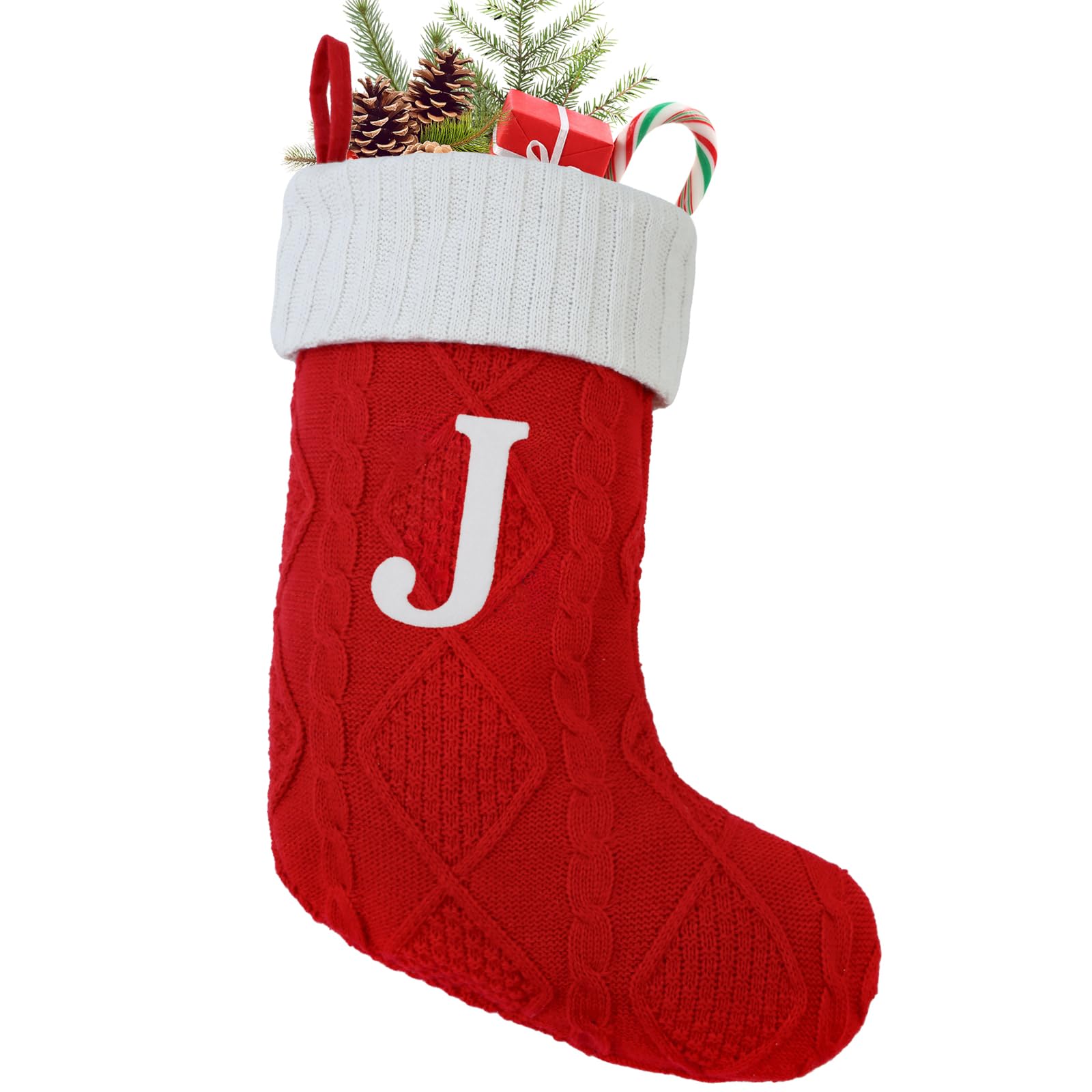 Photo 1 of 21 Inches Knitted Christmas Stockings with Initials, Large Red Custom Monogram Christmas Stockings with Letter, Perfect for Home, Children, Christmas Party Favors, and Fireplace Decorations (Red, J)