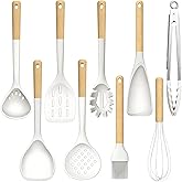 Large Silicone Cooking Utensils Set - Heat Resistant Silicone Kitchen Utensils for Cooking w Wooden Handles, Spatula Set, Kitchen Utensil Gadgets Sets for Non-Stick Cookware, BPA Free (Cream White)
