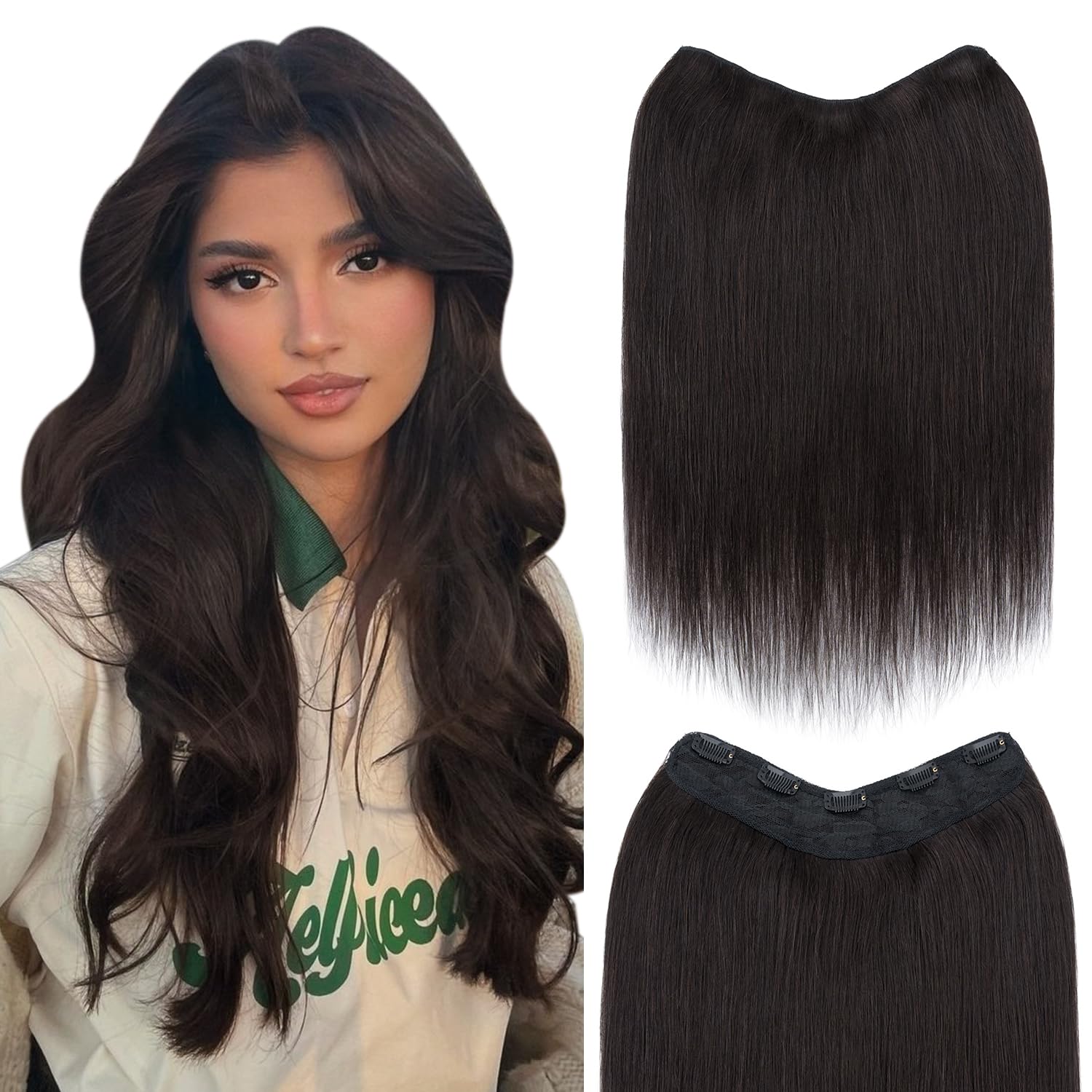 Photo 1 of SLEEKALON Black Real Human Hair One Piece Clip in Hair Extensions 3/4 Full Head Clip on Hair Extensions for Women V-Shaped Weft Clip in Hair Extensions Silky Straight Thick Ends(16",Natural Black)