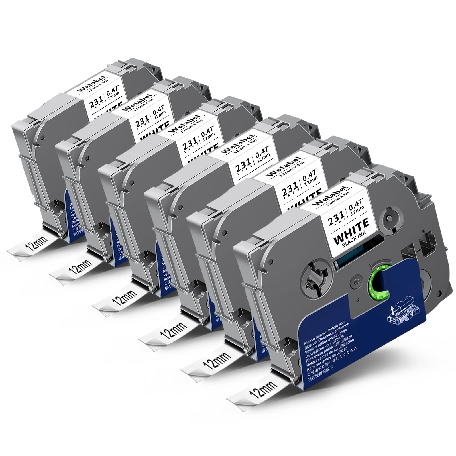 Welabel 6X Compatible TZe-231 Label Tape for Brother P Touch Tape TZe231 0.47 for Brother P-Touch GL-H105, PT-D210VP, PT-E100, PT-E100VP, PT-E110, E110VP, PT-P300BT (Cube), Black on White 12mm x 8m