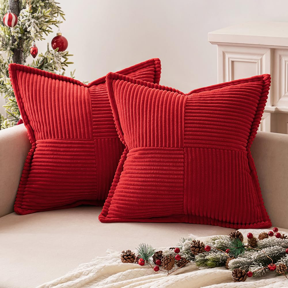 MIULEE Corduroy Cushion Covers Pack of 2 Decorative Modern Patchwork Throw Pillow Covers Soft Pillowcase Cushions for Home Winter decor Sofa Couch with Invisible Zipper Red 45x45cm — image 1