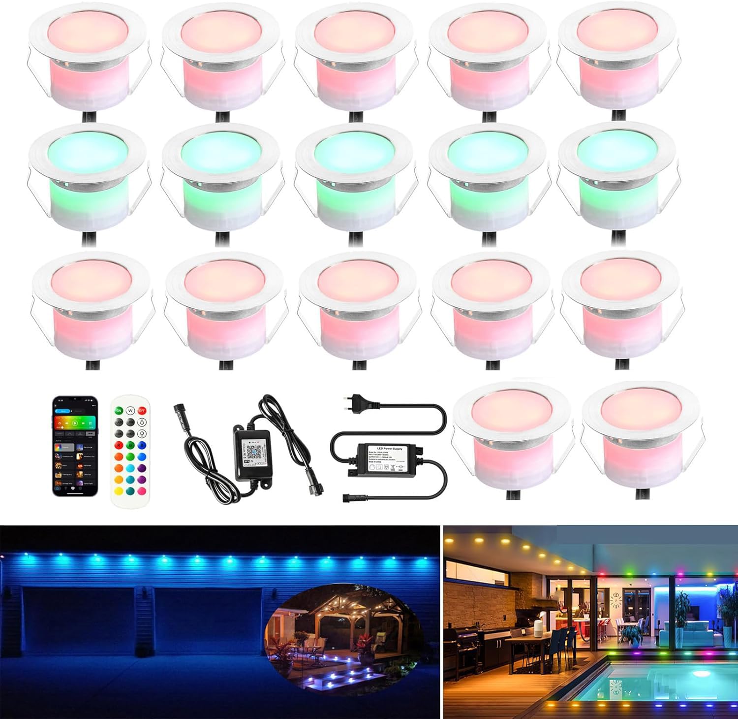 20 WiFi RGB LED Recessed Floor Lights Terrace Lighting Compatible with Alexa, Google Home, DC12V Ø45mm IP67 Waterproof LED Recessed Spotlights Terrace Full kit [Energy Class A]