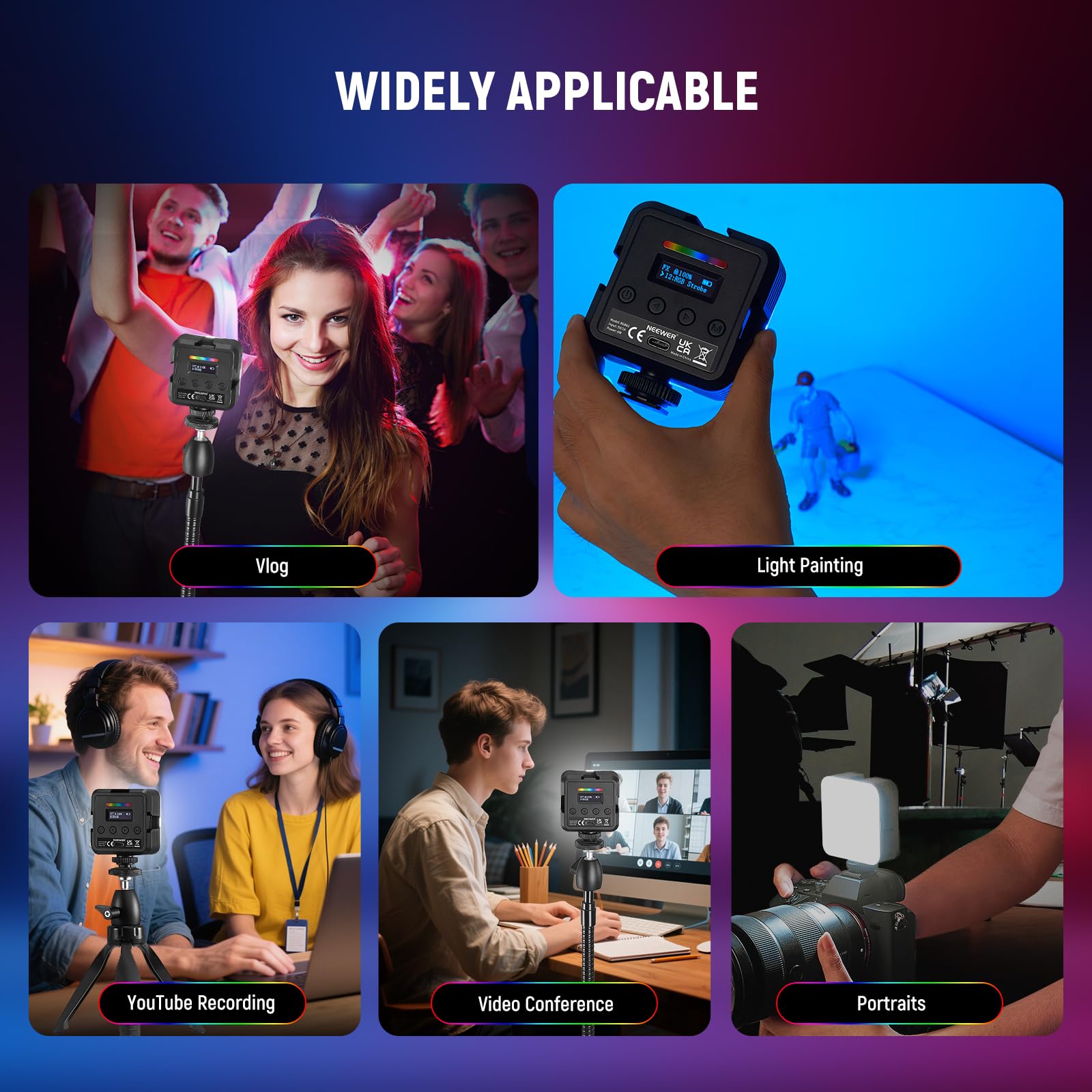 NEEWER Magnetic RGB Camera Light, 360° Full Color RGB61 Small LED Panel Video Light with 3 Cold Shoe Mounts/CRI 97+/20 Scene Modes/2500K-8500K/2000mAh Portable Recording Photography Selfie Lighting